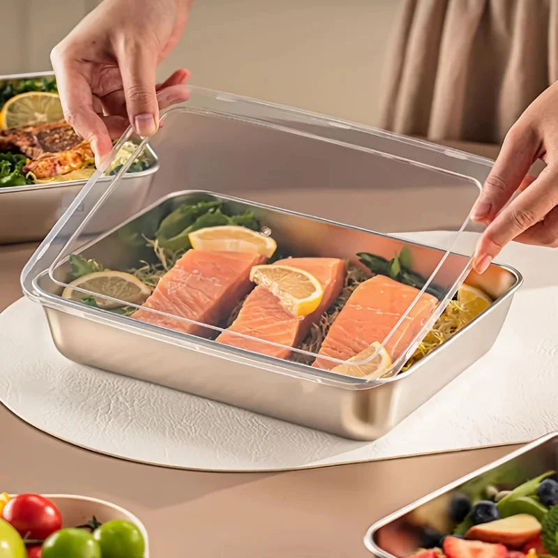 Lot de 3 Boîtes Alimentaires en Inox & Lunch Box - Couvercles Transparents Hermétiques, Empilables - Cuisine & Camping