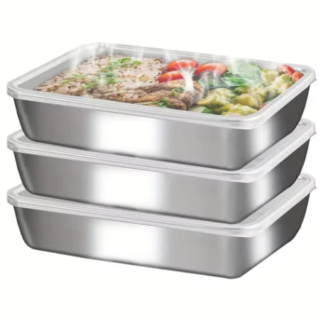 Lot de 3 Boîtes Alimentaires en Inox & Lunch Box - Couvercles Transparents Hermétiques, Empilables - Cuisine & Camping