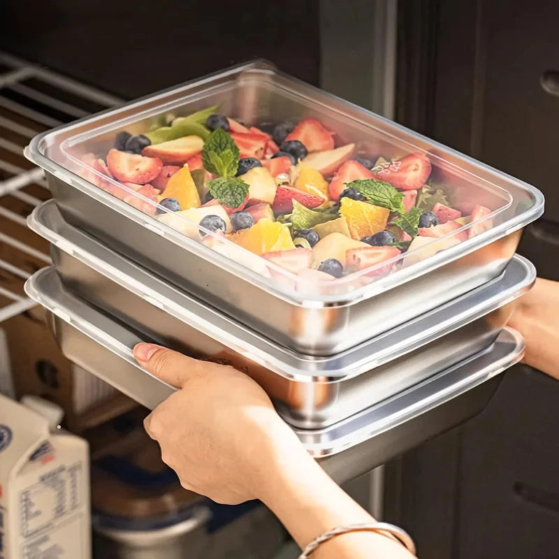 Lot de 3 Boîtes Alimentaires en Inox & Lunch Box - Couvercles Transparents Hermétiques, Empilables - Cuisine & Camping