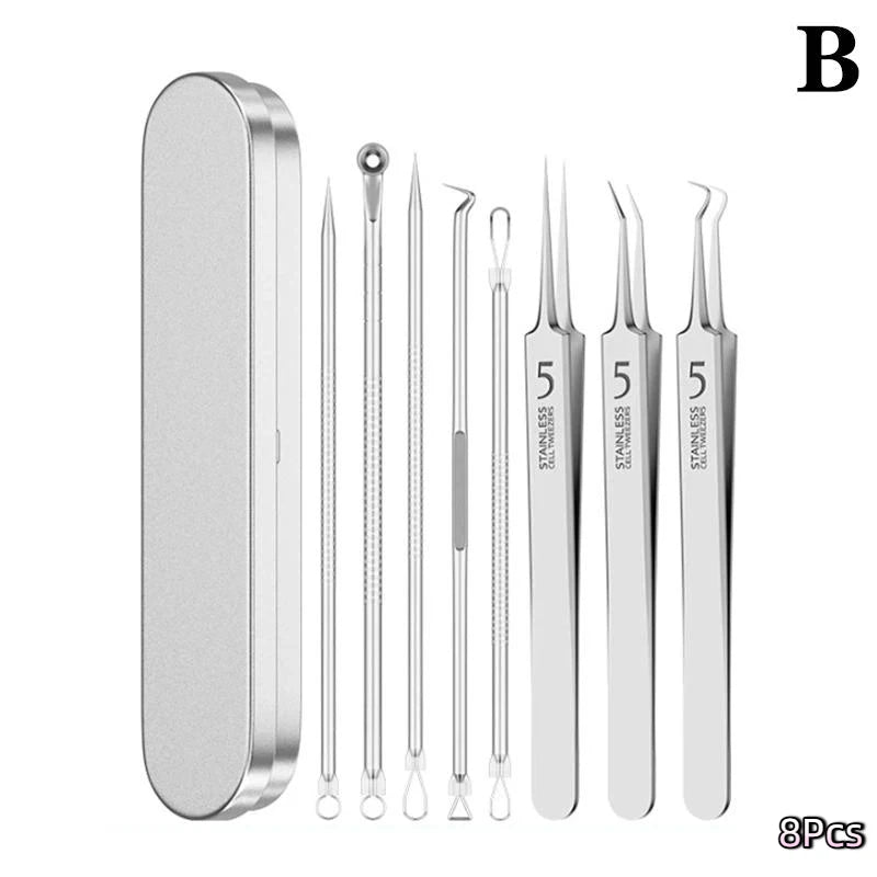 Kit Extracteur de Points Noirs 7/8 Pièces - Outils de Soin de la Peau en Acier Inoxydable