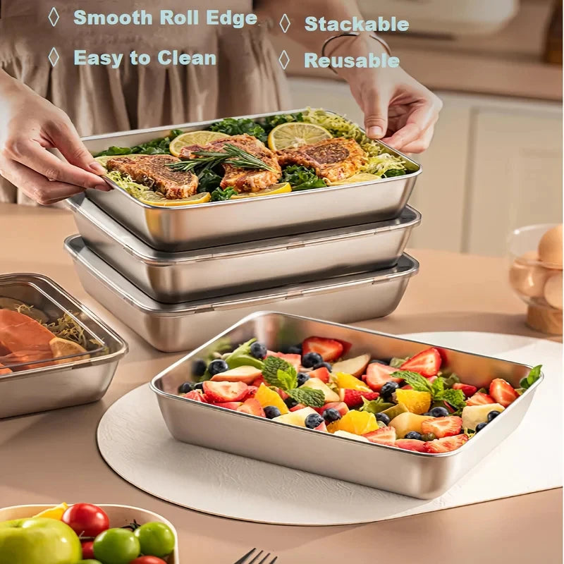Lot de 3 Boîtes Alimentaires en Inox & Lunch Box - Couvercles Transparents Hermétiques, Empilables - Cuisine & Camping